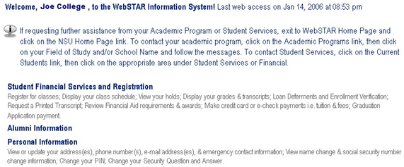 WebSTAR for Alumni Main Menu